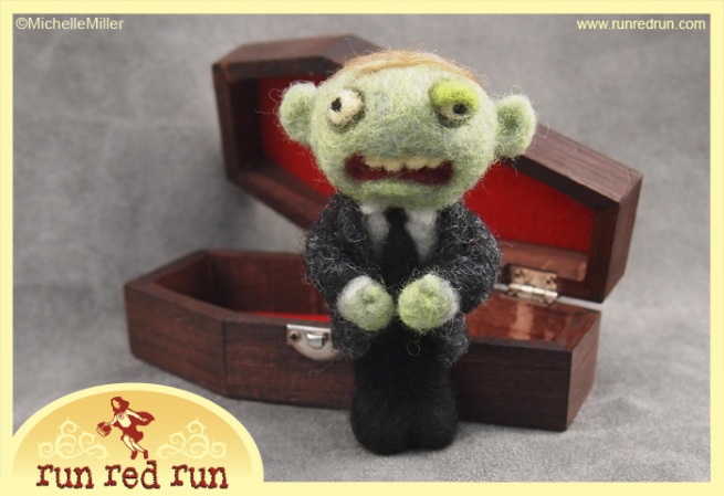 Run Red Run Needle Felted Zombie and Coffin
